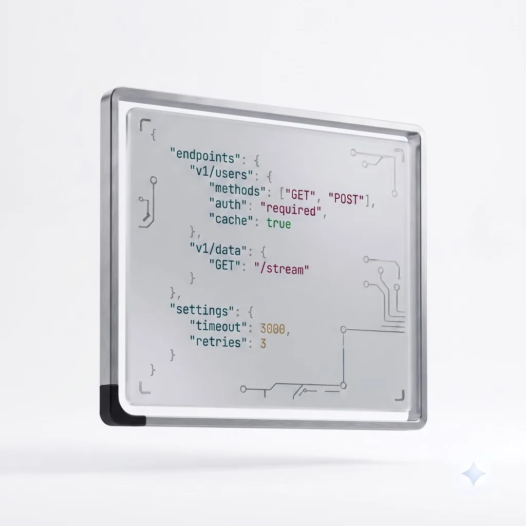 Premium 3D glass panel displaying API endpoint code in JSON format.