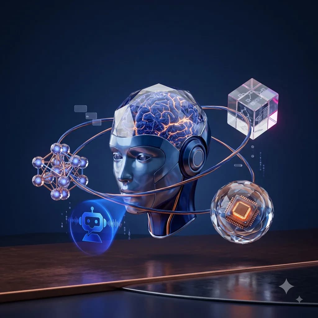 Premium 3D robotic head with glowing brain and orbiting data icons.