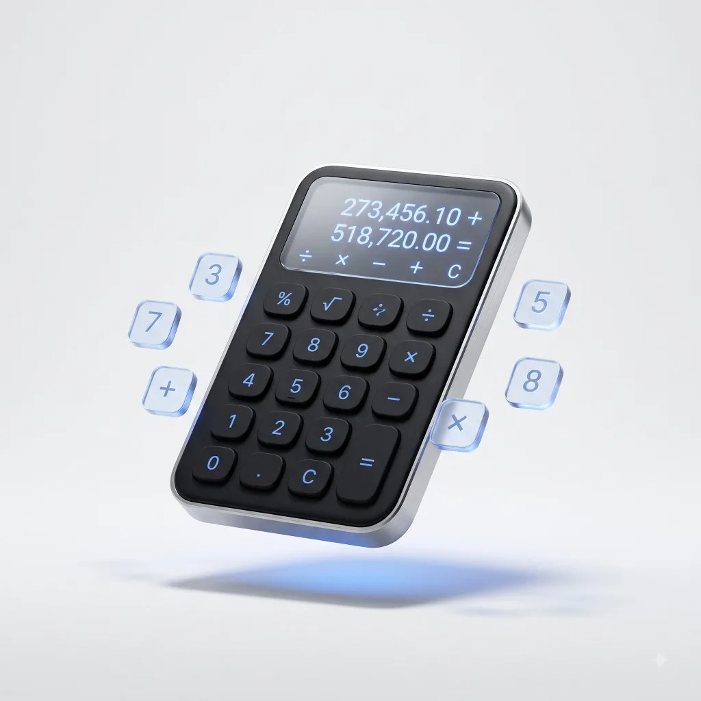 Premium 3D floating calculator with glowing blue display.