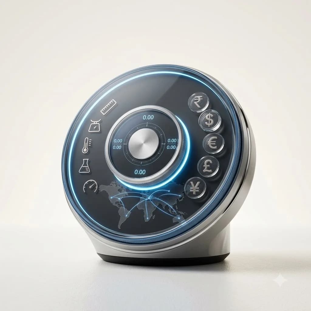Premium 3D circular conversion console with measurement and currency icons.