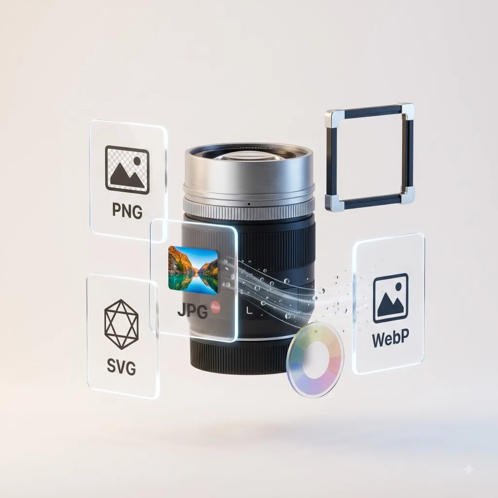 Premium 3D camera lens surrounded by image format icons including PNG, JPG, SVG and WebP.