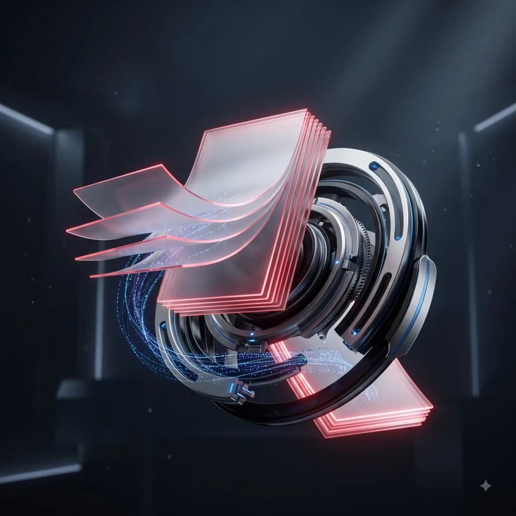 Premium 3D mechanical device processing translucent document layers.