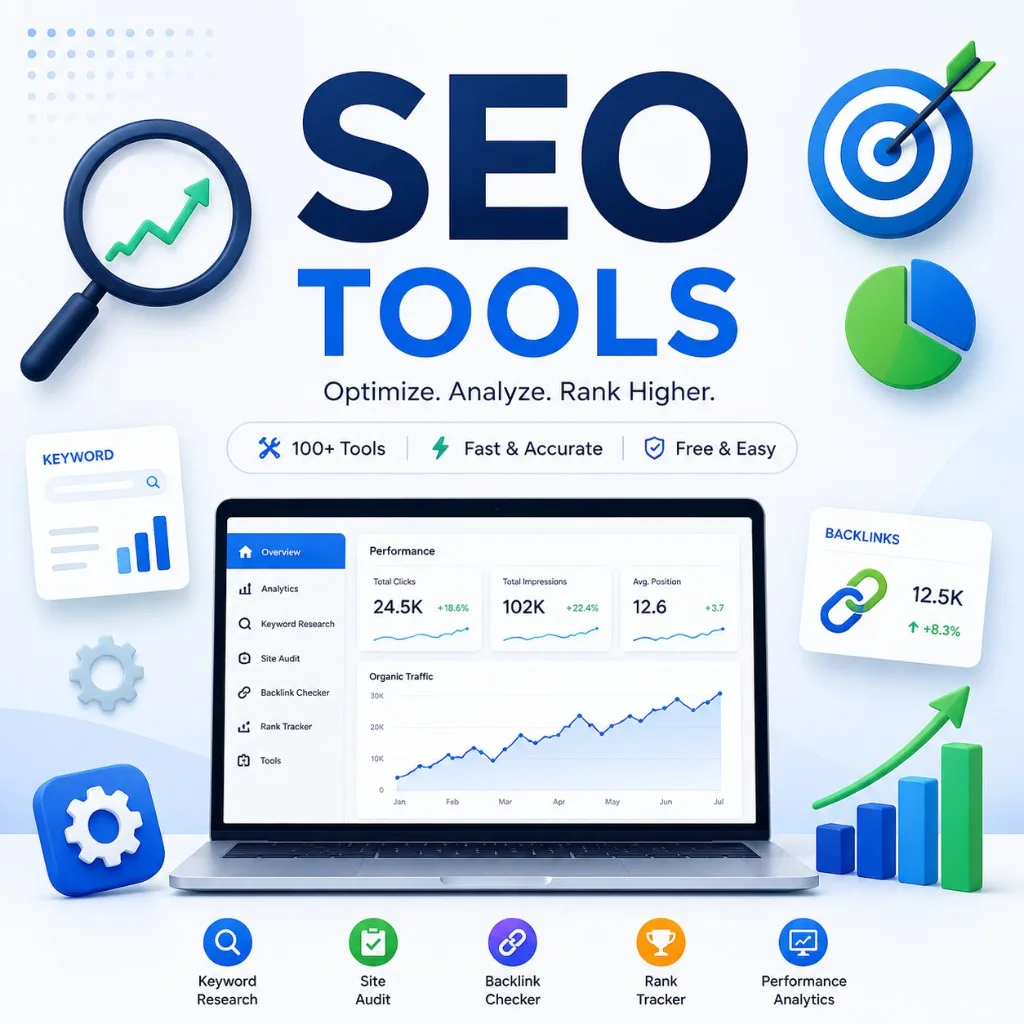 Premium 3D SEO dashboard on a laptop with keyword research, backlinks and performance analytics icons.