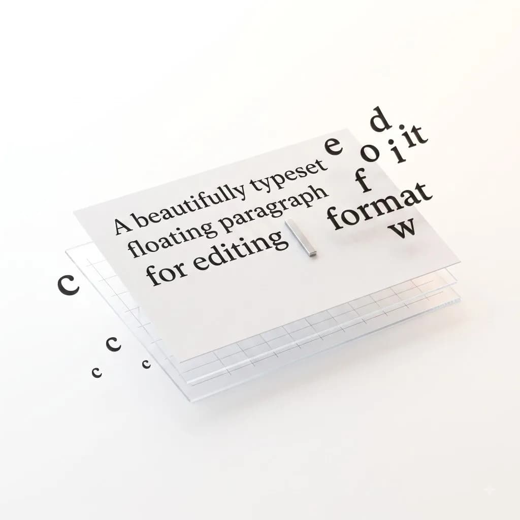 Premium 3D floating typeset paragraph with scattered letterforms.