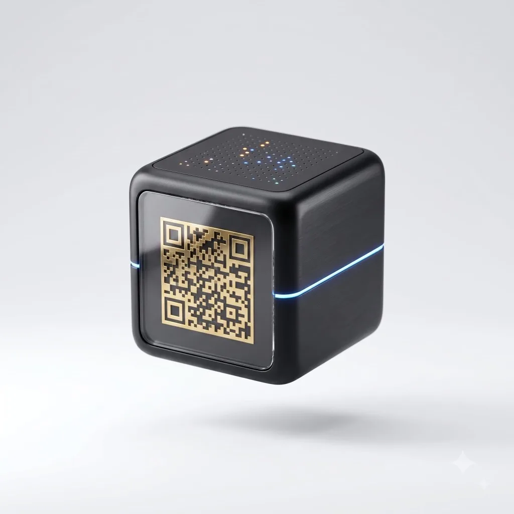 Premium 3D black cube with golden QR code and glowing accents.